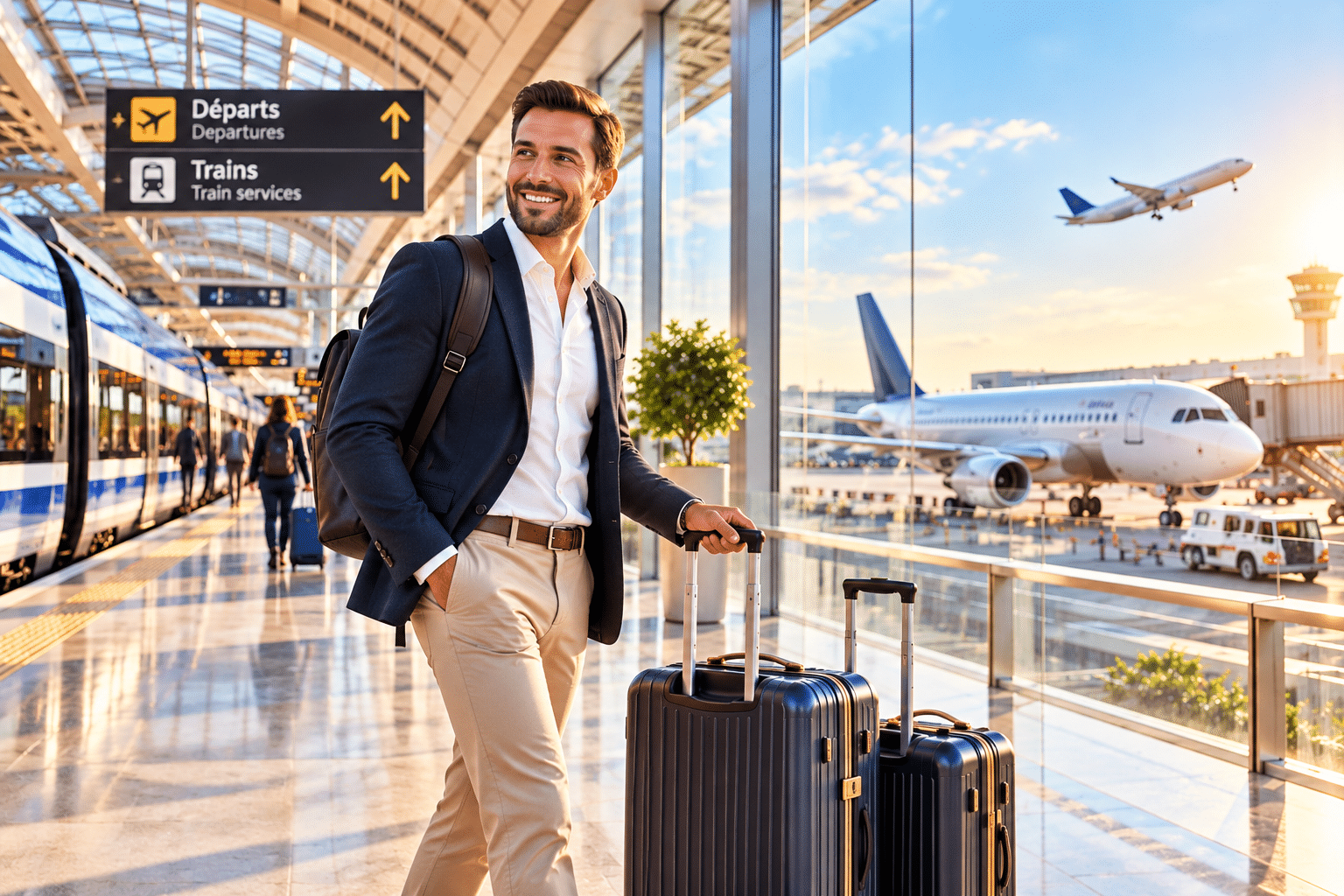 Voyageur avec valises, train à quai et avions — illustration des transferts gares et aéroport à Lyon