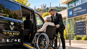 Taxi conventionné TPMR accompagnant une personne en fauteuil roulant devant un établissement hospitalier à Lyon