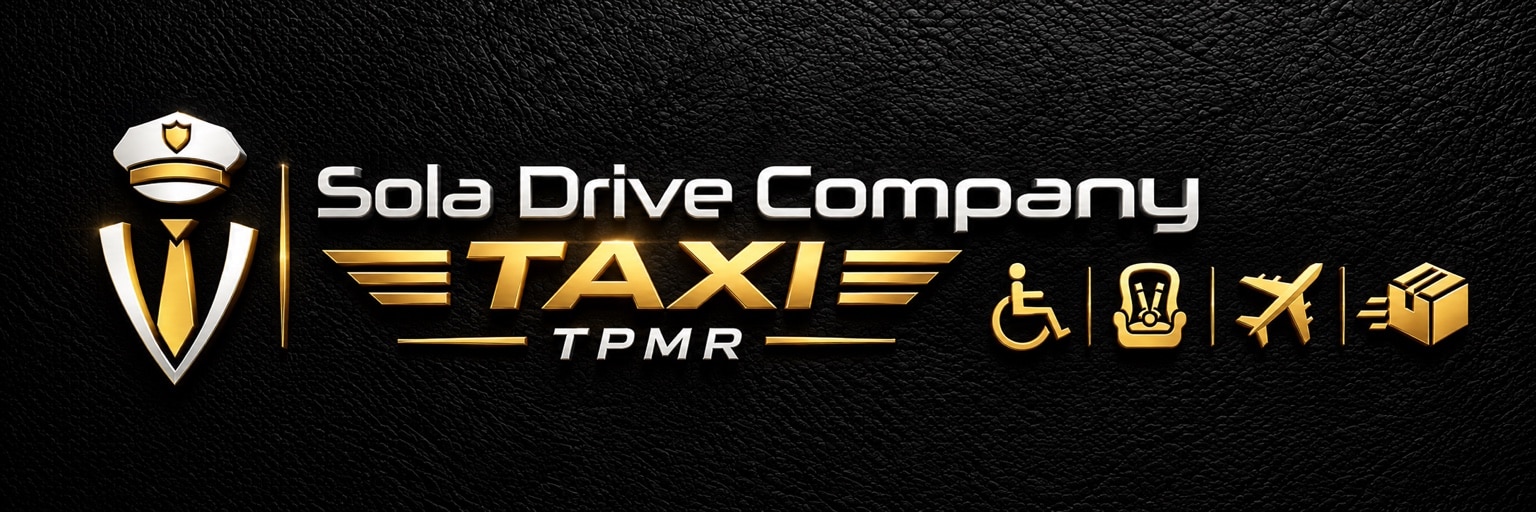 Signature visuelle Sola Drive Company avec les pictogrammes du transport TPMR, du siège enfant, de l’avion et des colis.