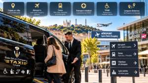 Chauffeur Sola Drive Company accueillant une passagère près d’un véhicule taxi à Lyon, avec des indications pour les trajets en ville, les gares, l’aéroport, le transport médical et le TPMR.